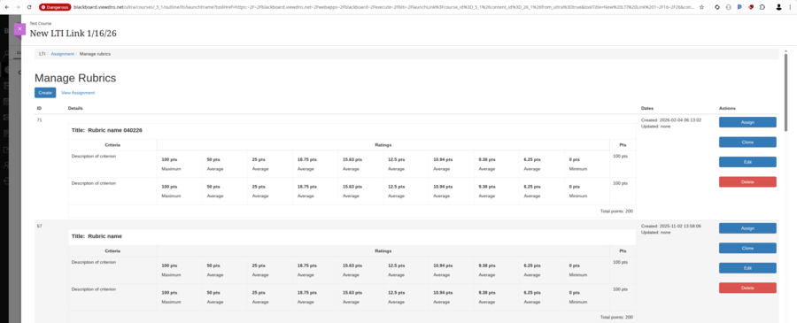 Rubrics management interface